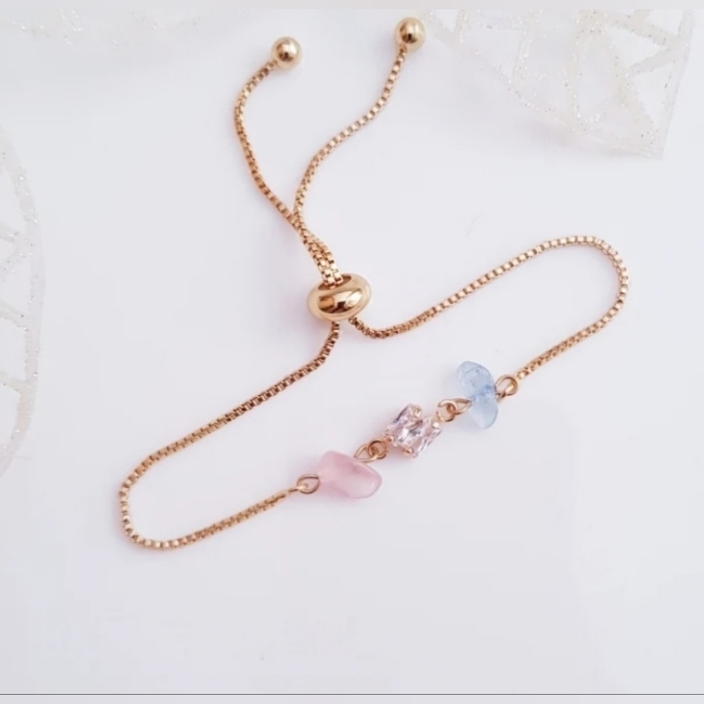 NWOT | Women's Rose Quartz, Aquamarine & CZ Crystal Bracelet | 18K Gold Plated - Picture 4 of 8